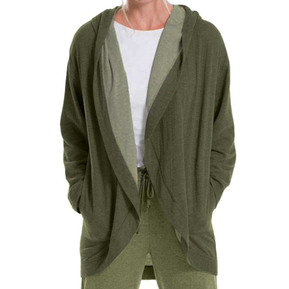 NEW Max Studio Women Long Sleeve Open Cascading Hoodie Cardigan Sage Pocketed